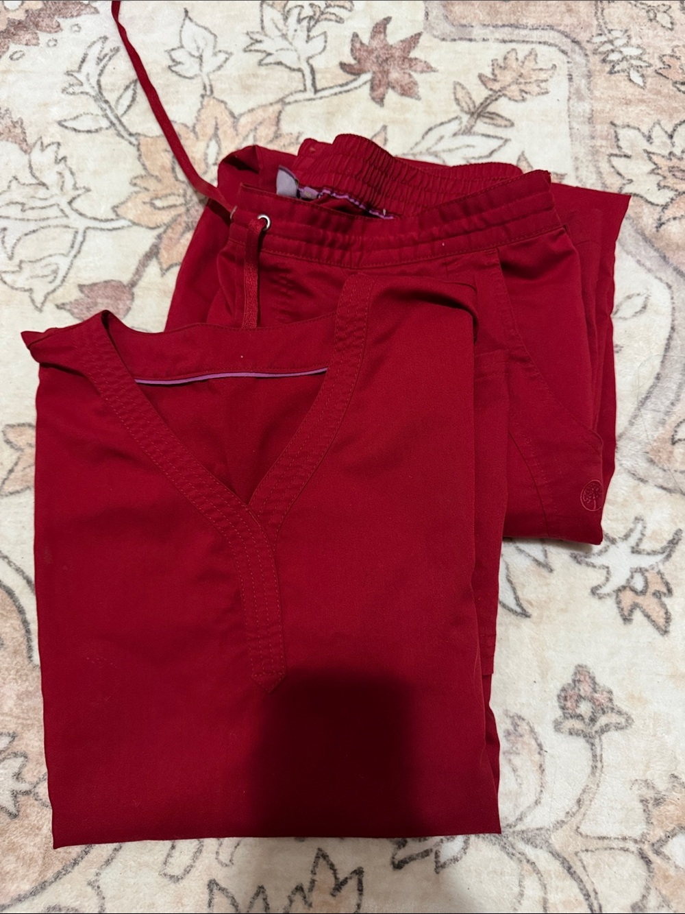 healing hands Red V-neck Scrub Top and Drawstring Pants